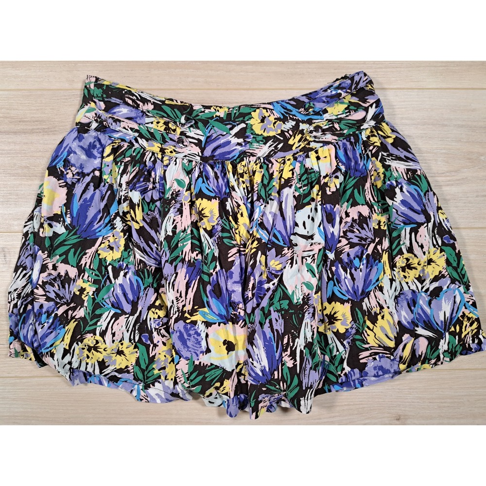 Twenty One Floral Mini Skirt Womens Large Black Purple Rayon Side Zip‎ S#9935